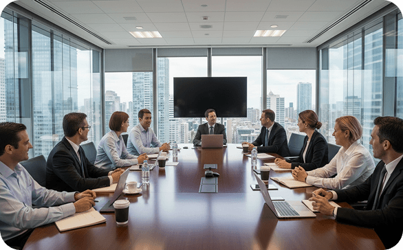 Sala de juntas ejecutiva con vista urbana.