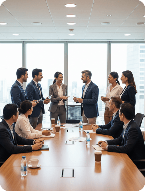 Reunión de equipo en oficina con luz natural.