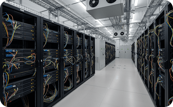 Centro de datos con pasillo de racks y cableado.